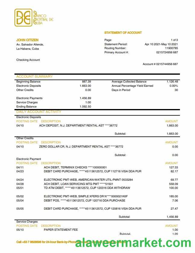 Cuba Banco Central de Cuba bank statement